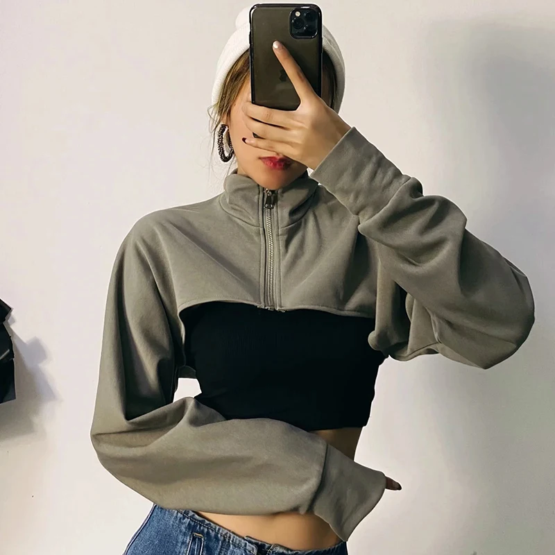 

HWLZLTZHT 2021 Asymmetric Cropped Sweatshirt Vintage High Neck Fashion Streetwear Long Sleeve Female Pullovers Aesthetic Clothes