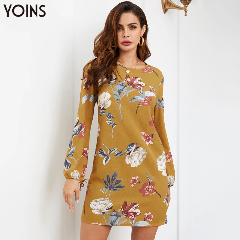 YOINS 2020 летнее осеннее женское платье винтажное с длинным рукавом О образным