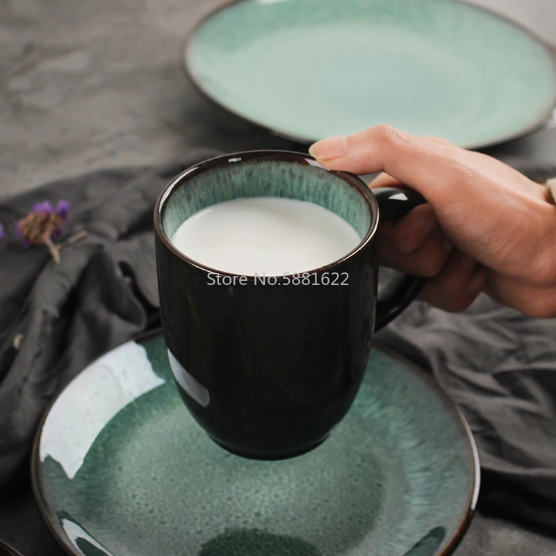 

European Style Simple Peacock Pattern Dinnerware Set Kiln Glazed Dish Ceramic Soup Salad Bowl Steak Plate Disc Mug
