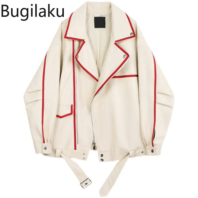 

Bugilaku Streetwear PU Leather Jackets Women Contrast Color Long Sleeve Tops Turn Down Collar Autumn New Outerwear High Street