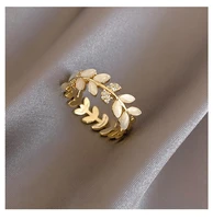 korean hot fashion jewelry exquisite copper inlaid zircon wheat ear leaf opal ring elegant womens opening adjustable ring