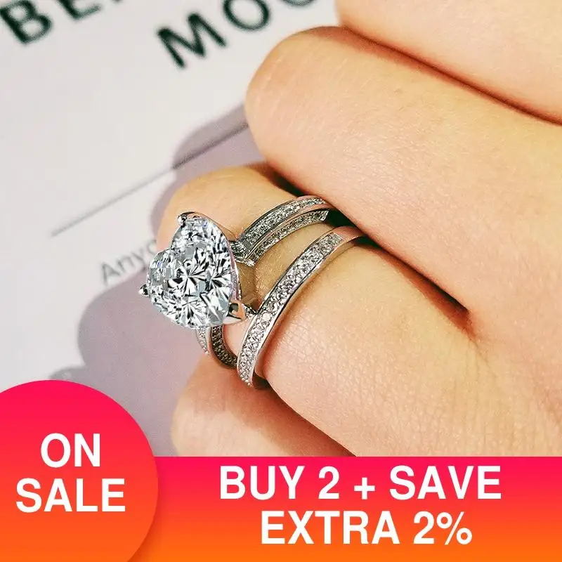 

2021 new luxury heart 925 sterling silver wedding ring set for women lady anniversary gift jewelry drop shipping R5171S