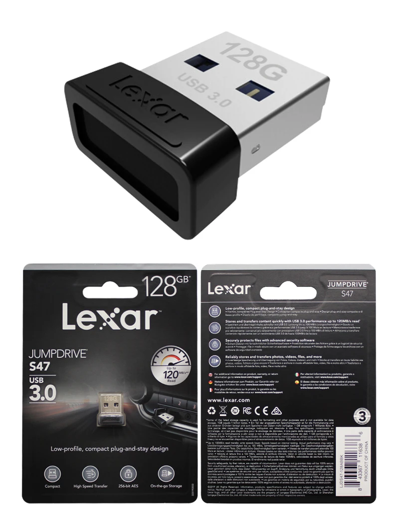 Lexar USB 3,0 Pendrive Jumpdrive S47 128 Гб 64 Гб оперативной памяти, 32 Гб встроенной памяти, запоминающее устройство ручка высокая Скорость передачи до 120 МБ/с. с 256-bit AES