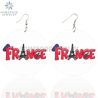 somesoor france symbol eiffel tower wooden drop earrings spain united kingdom flag printed loops dangle jewelry for women gifts