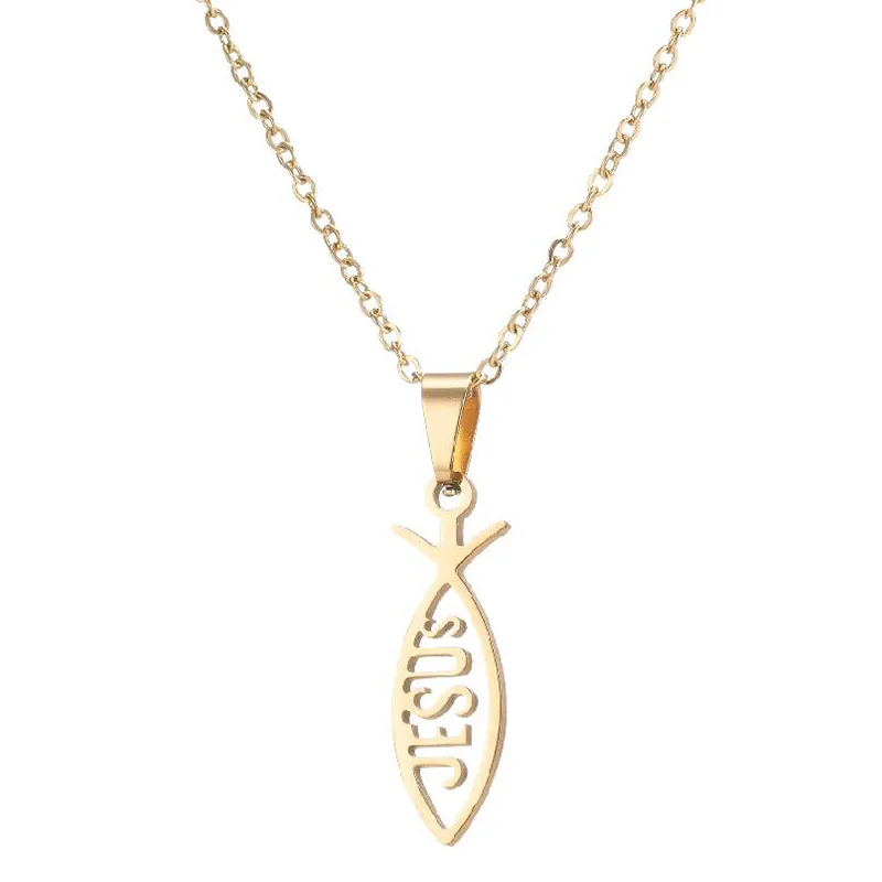 

Sinogaa 2021 New Female Gold Color Stainless Steel Chain Necklace Clavicle Religion JESUS Letter Pendant Necklace bijoux femme