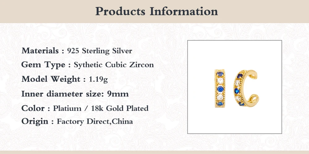 

Canner 100% 925 Sterling Silver Ear Cuff White Blue Zircon Earrings For Women Fine Jewelry No Piercing Earcuff pendientes W4