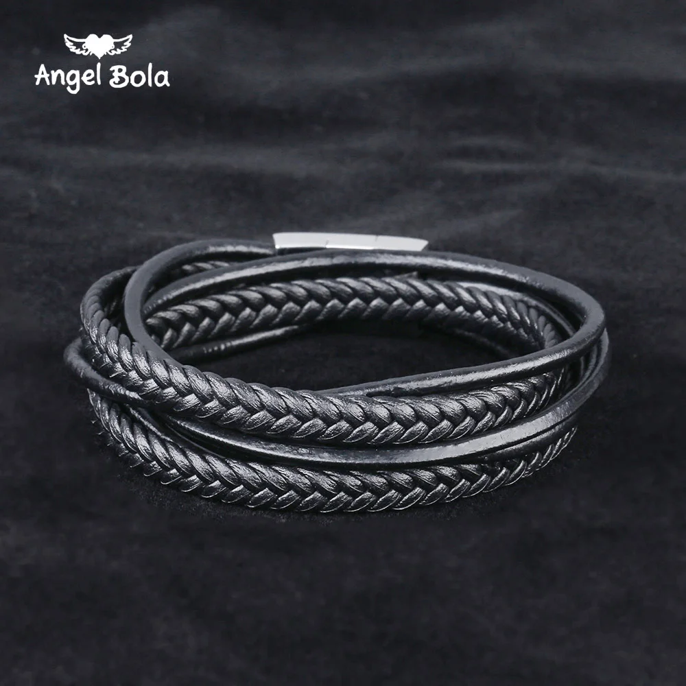 Fashion Black Genuine Leather Buddha Bracelet Stainless Steel Clasp Multi Layer Braid Rope Chain Wristband Vintage Gifts | Украшения и