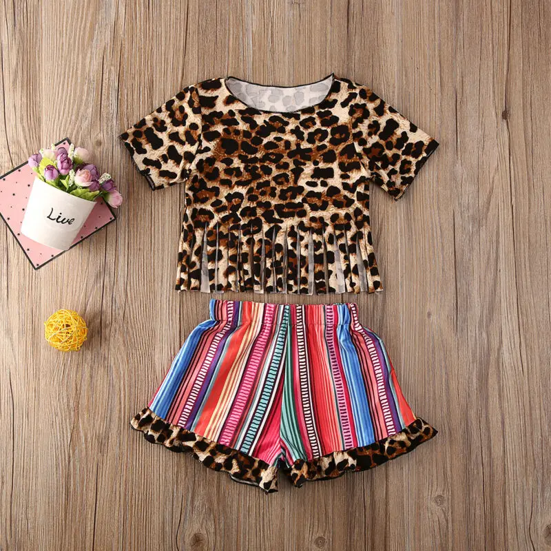 Одежда с леопардовым принтом для маленьких девочек 1 4 лет футболка бахромой