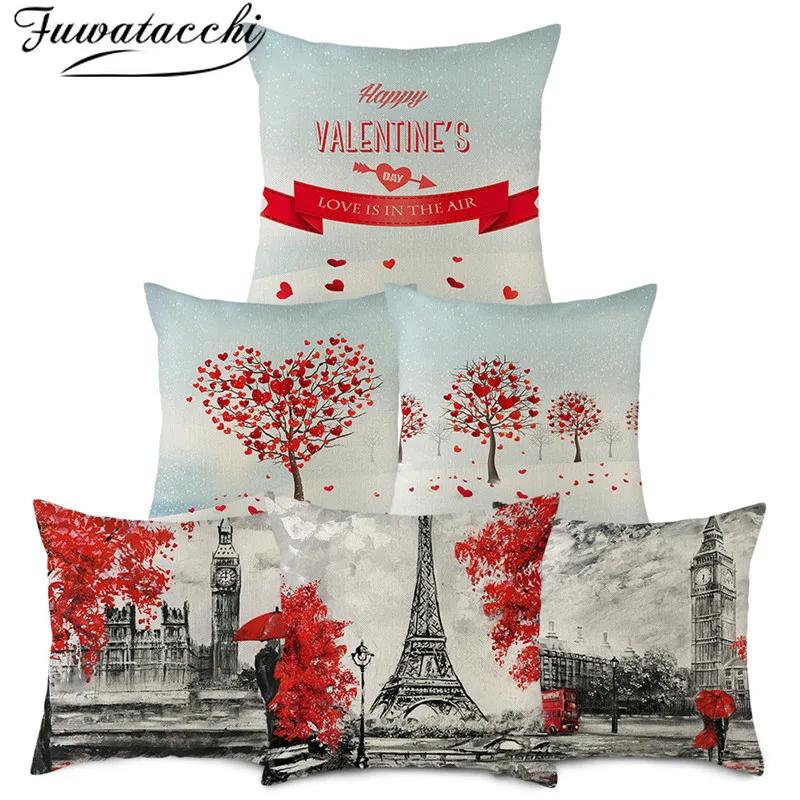 Чехол для подушки Fuwatacchi из чистого льна красная наволочка с узором в виде сердца