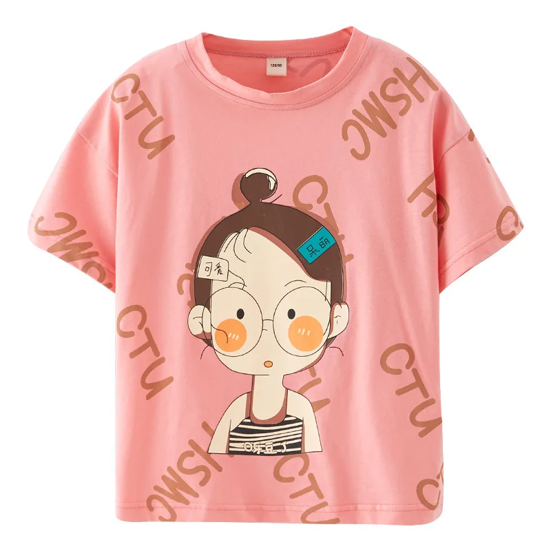 

Girls' Short-Sleeved T-shirt Summer 2021 New Girls' Printed Jacket Pink Cartoon Loose Outdoor Leisure