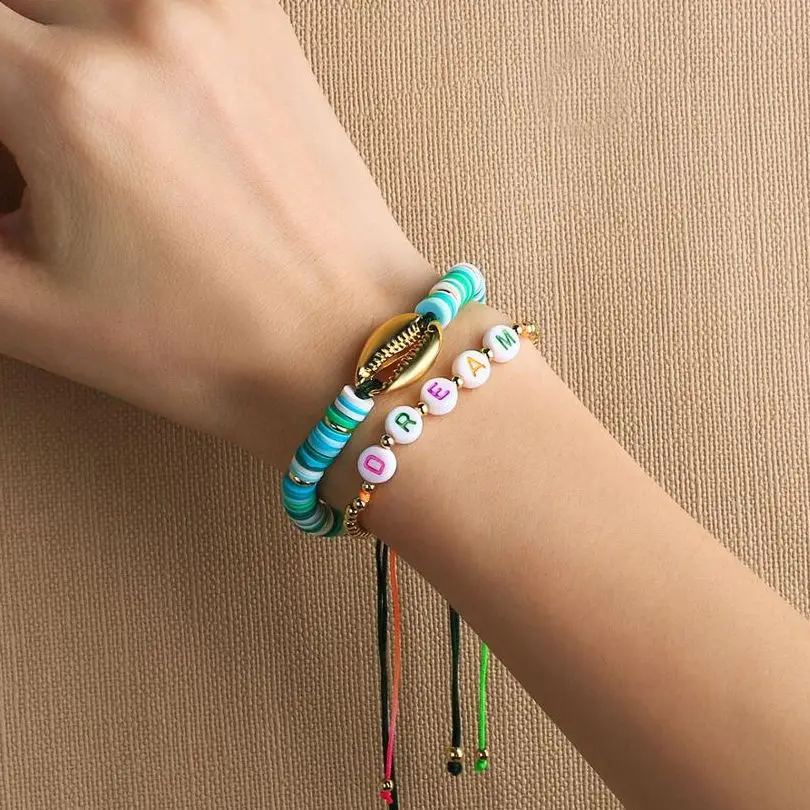 

KELITCH New 2022 Shell Colorful Strand Women Bracelets Letter Chain Wrap Beach Polymer Clay Handmade Friends
