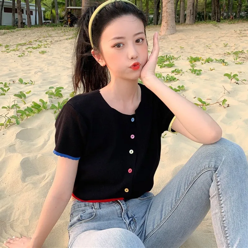 

Women's O-neck Button Short Cardigan Top Girls Exposed Navel Knitted Short Sleeve Summer Sweet T-shirt