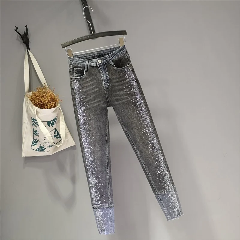 

Sexy Ladies Shiny Diamonds Skinny Pencil Pants High Streetwear Women High Waist Denim Pants Slim Fit Patchwork Stretchy Jeans
