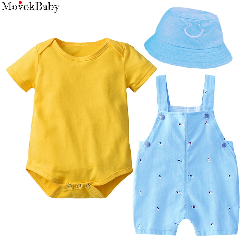 

Newborn Baby Boys Clothes Smile Hat + Yellow Jumpsuit + Bodysuit Soft Cotton Summer Children Outfits Printed Infant Clothes