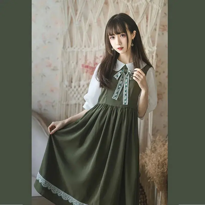 

Women Short Sleeve Dress A-line Bow Sweet Lace Design Puff-sleeve High Waist Patchwork Preppy Korean Style Students All-match