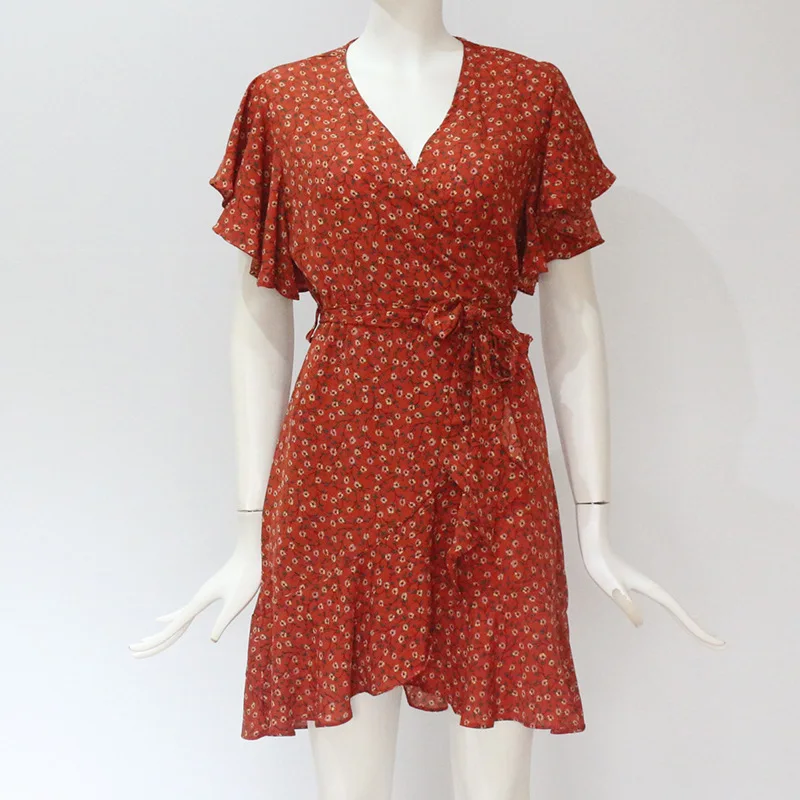 

Red Sexy V Neck Floral Print Self Tie Wrap Dress Mini Dress Women Boho Ruffle Hem Butterfly Sleeve Summer Mini Dresses Vestidos