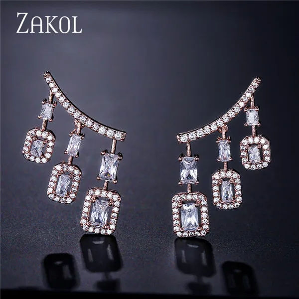 Rose Gold Color ZAKOL панк стиль белое золото кубический циркон висячие серьги люстра Висячие длинные буклы д 'ореиль для невесты FSEP2031 - Окраска металла: Rose Gold Color