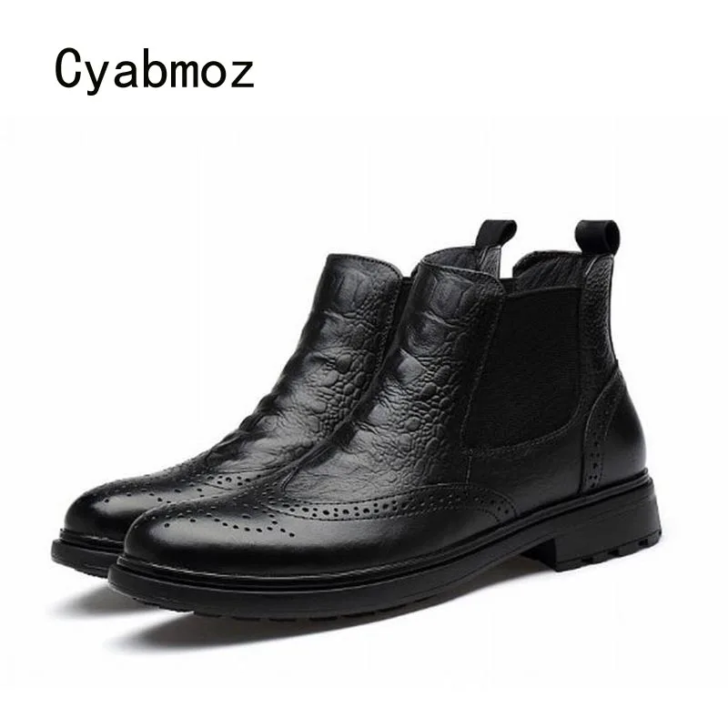 Cyabmoz Men Winter Snow Ankle boots Genuine Leather Shoes Party Man Martin Carving Fish pattern Autumn Business Work Mens Shoes