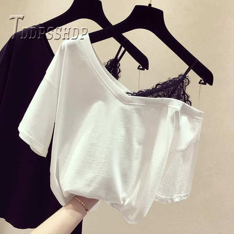 2019 четыре цвета на выбор женская футболка лоскутные кружевные женские футболки с