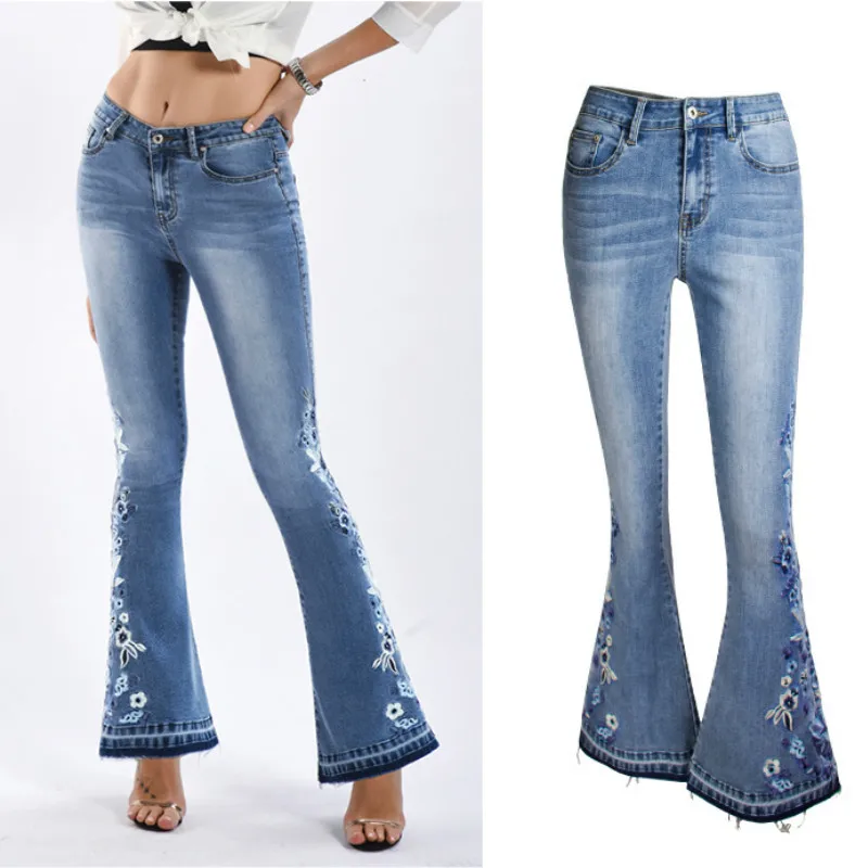

HAOOHU flower Embroidery Mid Waist Stretch skinny jeans woman vintage flare denim pants womens jeans 4XL plus size