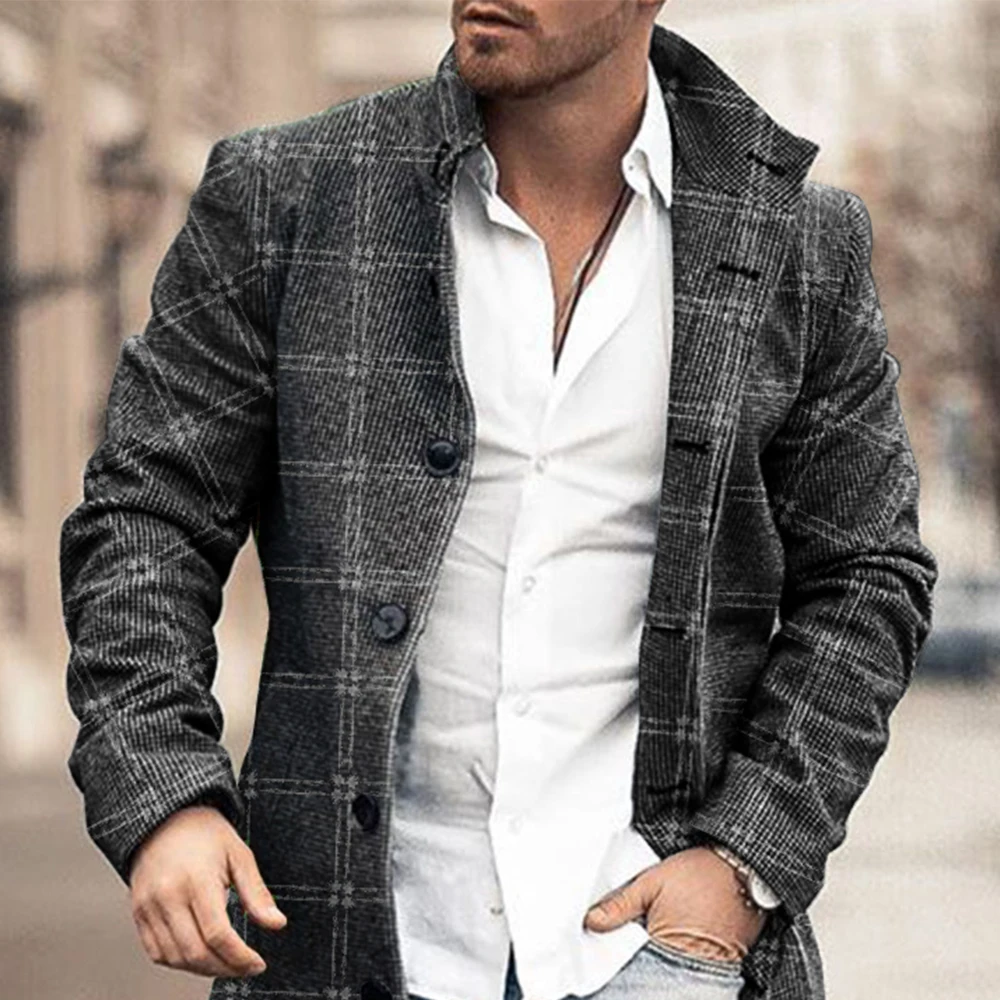 

Single-Breasted Men Coat Long Sleeve Mid-Length Stand Collar Slim Plaid wool jacket European top casual officie male home work