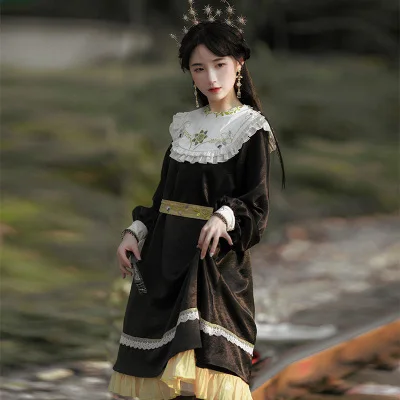 

Винтажное платье в стиле «лолита», милое элегантное дамское кружевное платье с вышивкой и оборкой, костюм принцессы, горничной, косплей-кос...