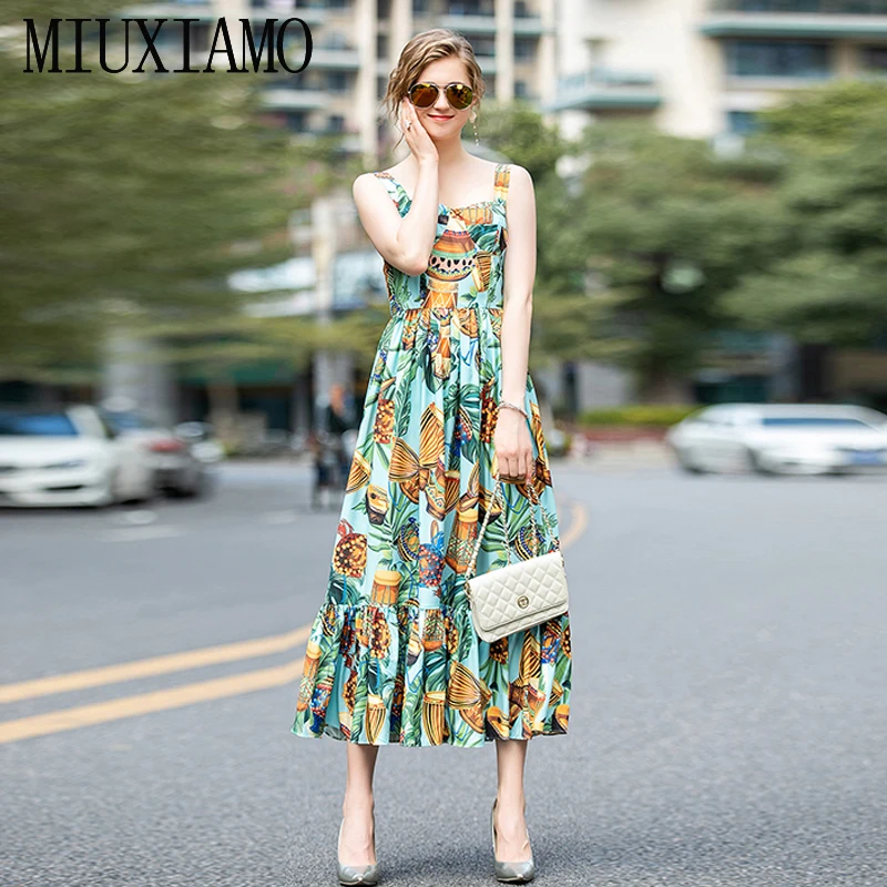 

MIUXIMAO 2020 Runway Designer Spring Dress drum Flower Women Print Elegant Casual beach dress Long Dress Women vestidos