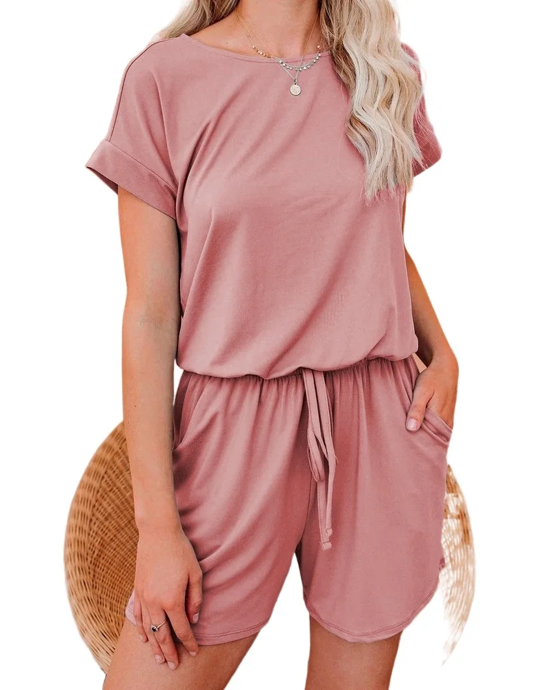 

In 2021 European and American summer new short-sleeved one-piece shorts with casual and fashionable back straps are female