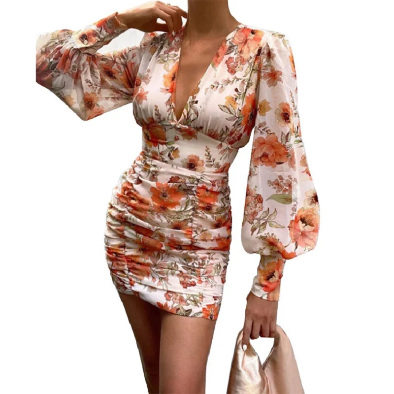 

Autumn new print V collar wrapped breast temperament bubble sleeve wrapped buttock skirt dress female