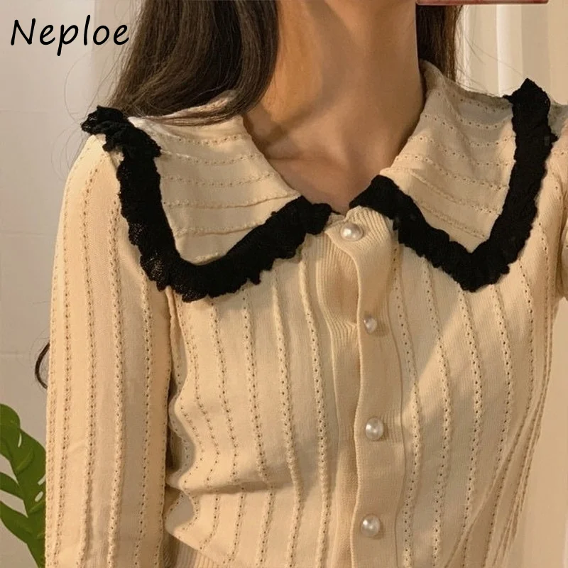 Женская однобортная трикотажная куртка Neploe в стиле Питер Пэн с воротником