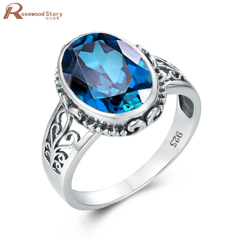 

Women Silver Color 925 Princess Sea Blue Topaz Diamond Ring Oval Gemstone Bizuteria Anillo 925 Jewelry for Women Ring Box
