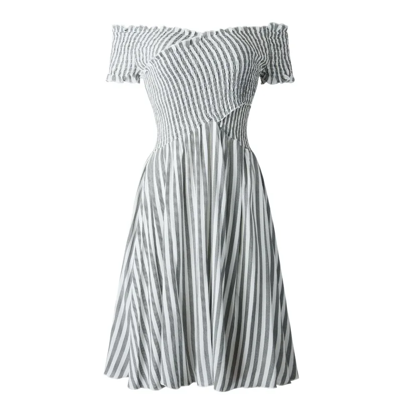 

Women Elegant Off Shoulder Stripe Dresses Summer Blue Party Club Dress Plus Size Slash-neck Clothes 2021 New Bohemian Streetwear