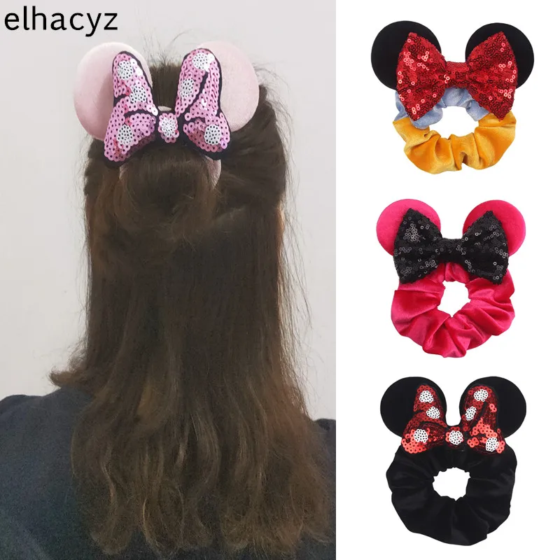New Trendy Mouse Ears Sequins Bow Women Velvet Scrunchies Fashion Waist Hair Bands Headband Pretty Hair Ties Girls Headwear