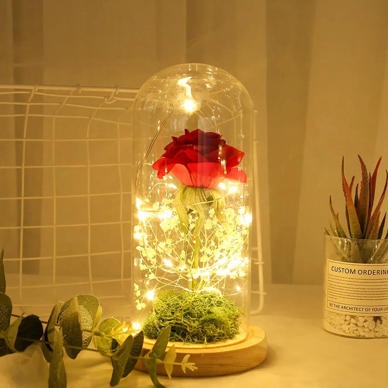 

Artificial Rose Fake Flower LED Light Home Decor In Glass Dome for Birthday, Thanksgiving Day, Valentine's Day, and Mother's Day