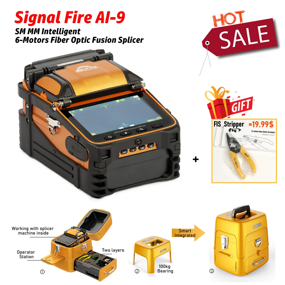 

Signal Fire AI-9 Intelligent SM MM 6-Motors Fiber Optic Fusion Splicer with OPM VFL 10-languages + Free Gift Hot Sale ToolBOX