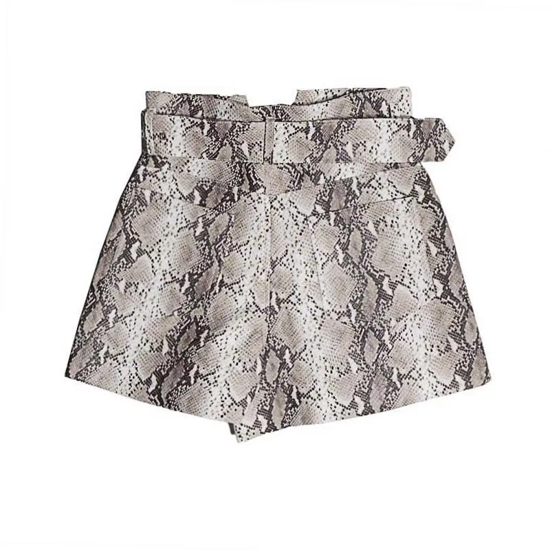 CHICEVER Print Snake PU Leather Women's Shorts High Waist With Sashes Vintage Short Pants Female Fashion 2020 Clothing | Женская
