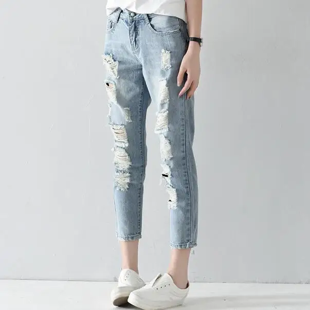 Большие размеры 25 32 рваные джинсы женские шаровары свободные штаны по щиколотку