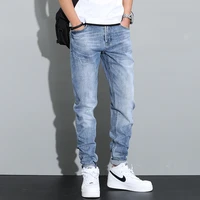 fashion streetwear jeans retro light blue slim fit elastic ripped jeans for men vintage designer hip hop denim harem pants