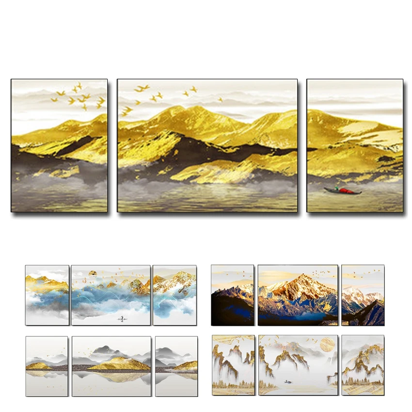 

3 Pieces Abstract Gold Foil Mountain Canvas Oil Painting Hand-painted 3 Group Paintings Wall Art Decoration Unframed Artwork