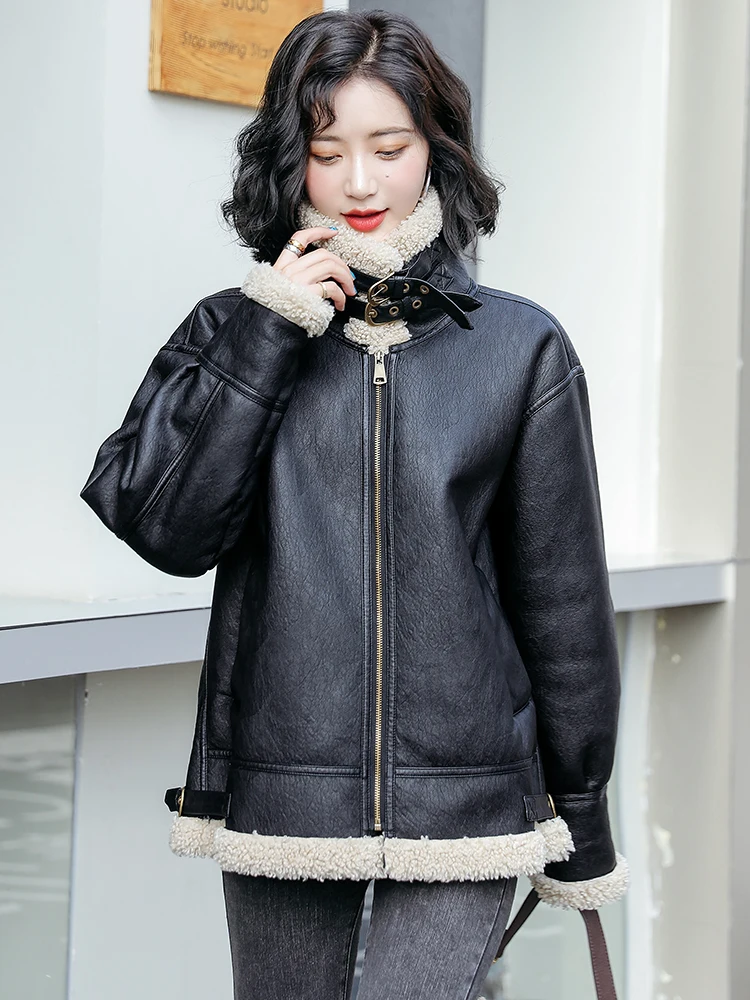 New Women Double Faced Fur Coat Autumn Winter Casual Fashion Moto Biker Style Lamb Plush Liner Thick Warm Sheepskin Leather Coat