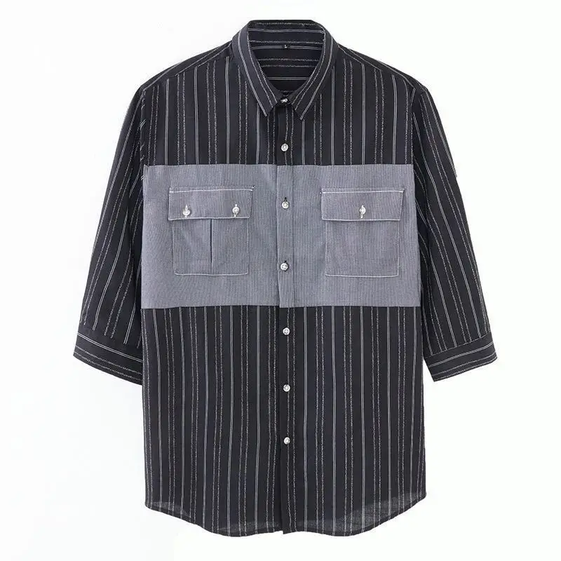 

Japanese thin simple stripe contrast shirt men's slim breathable five-point sleeve shirt retro inch clothing