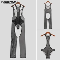 incerun loungewear new mens breathable mesh jumpsuit hot sale furnishing male net yarn see though suit 2 pieces onesies s 5xl