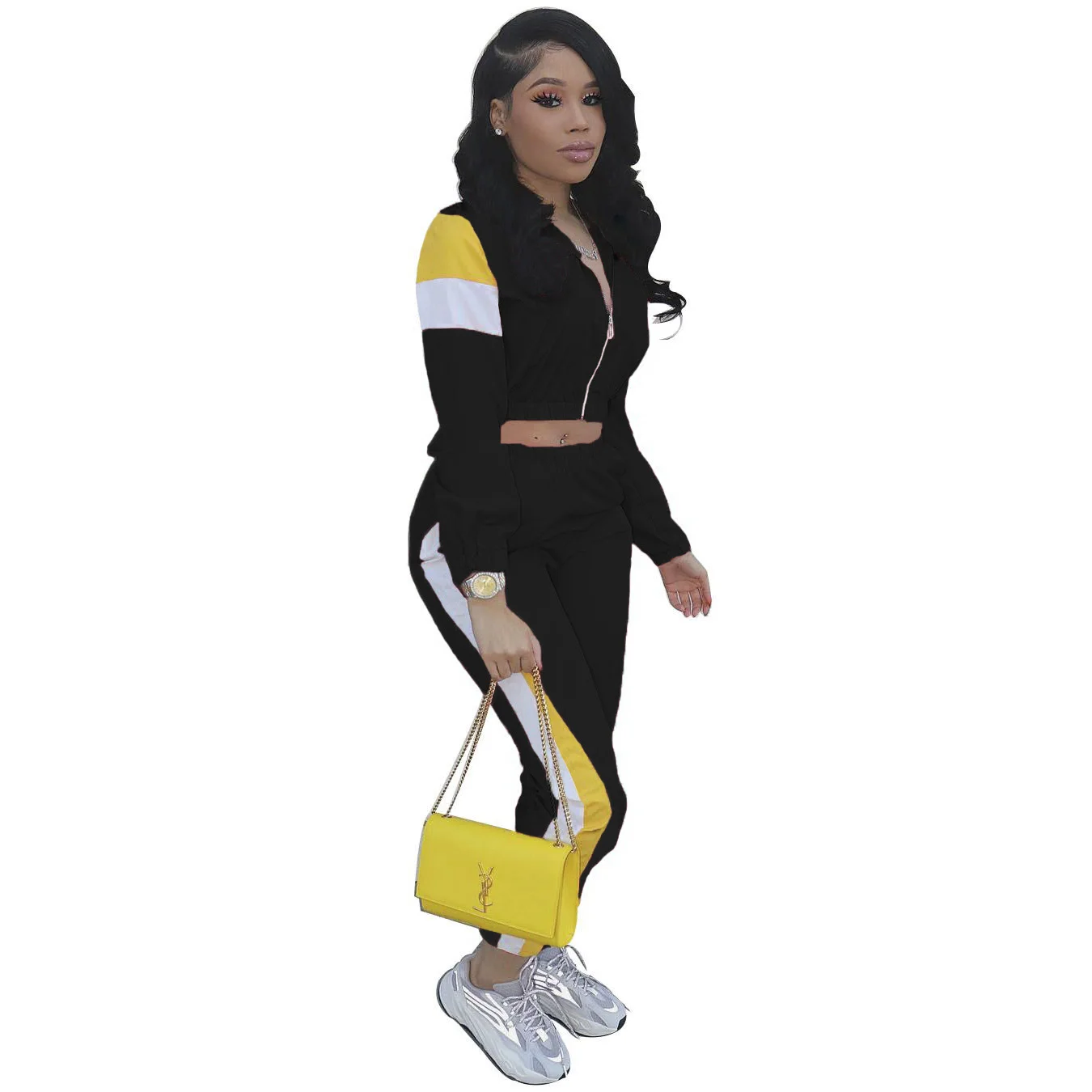 

New Style Women Sexy Fashion Set Casual Patchwork Long Sleeves Zipper Slim Crop Top Female Leisure Sport Two Piece Set