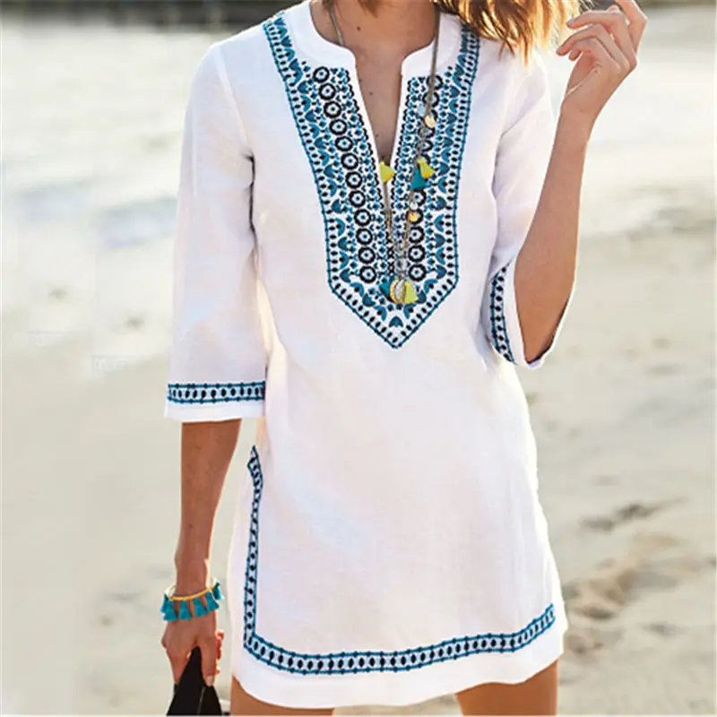 

Cover-ups Casual Embroidered V-neck Three Quarter Sleeve Summer Beach Dress White Cotton Tunic Swimwear Cover Up Q818