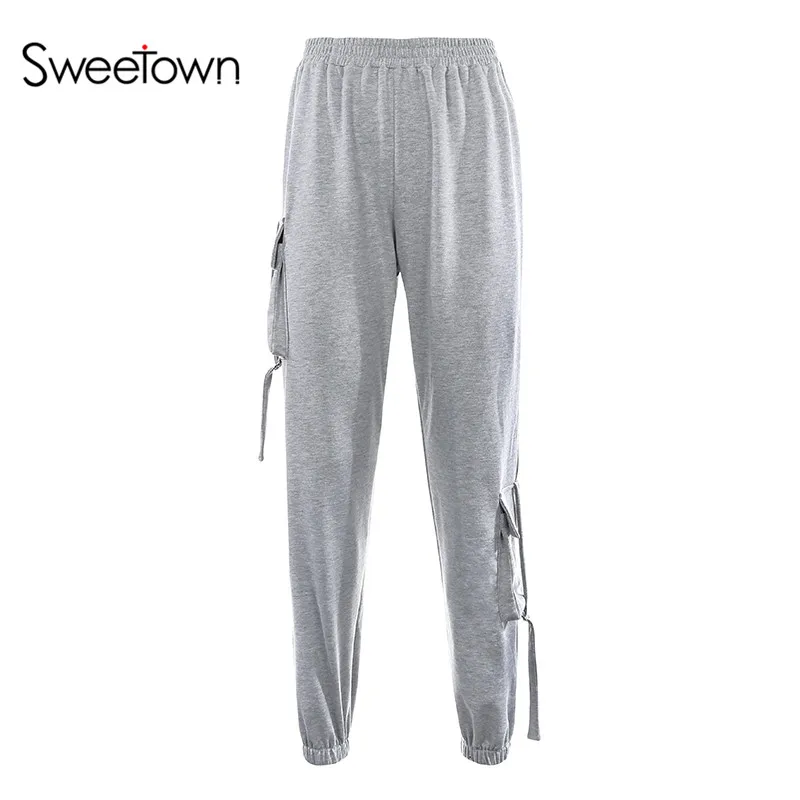 gray Sweetown повседневные спортивные женские спортивные штаны для бега уличный стиль хип-хоп мешковатые штаны с карманами с высокой талией уличные штаны - Цвет: gray