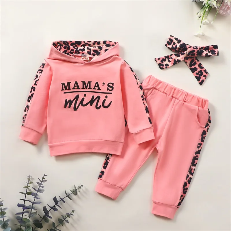 

Baby Girl Clothes Set Girl Letter Print Leopard Print Jumpsuit Trousers Headband 3-piece Girl Clothing