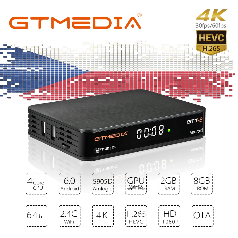 GTMEDIA GTT2 Smart tv box DVB-T2/Кабель с ПВХ изоляцией(J83.A/C)/ATSC-C/ISDBT 2GB 8GB 4K H.265 Wi-Fi 5 линий сервер просты в эксплуатации Android tv box