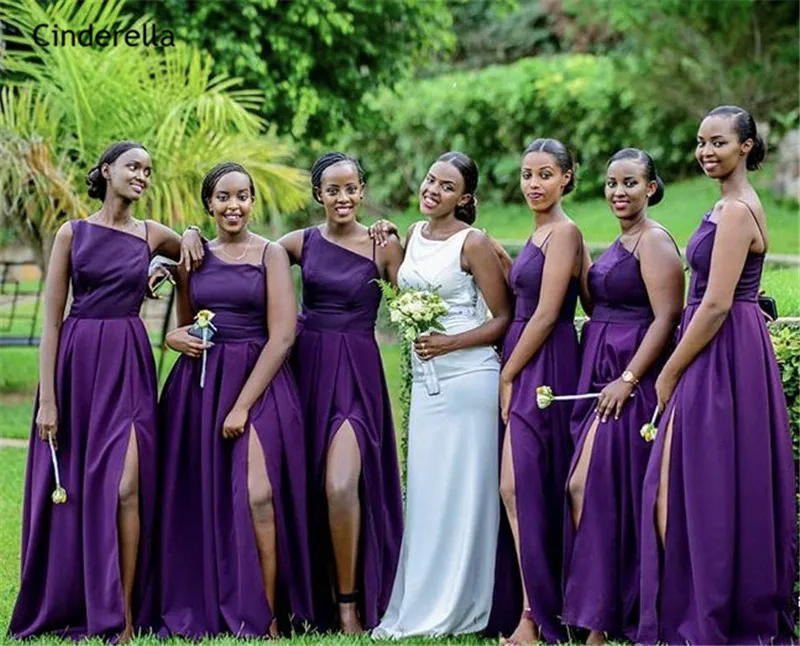 

Cinderella African Style Purple Side Slit Silk Satin A-Line Bridesmaid Dresses Sexy Wedding Party Bridesmaid Dresses
