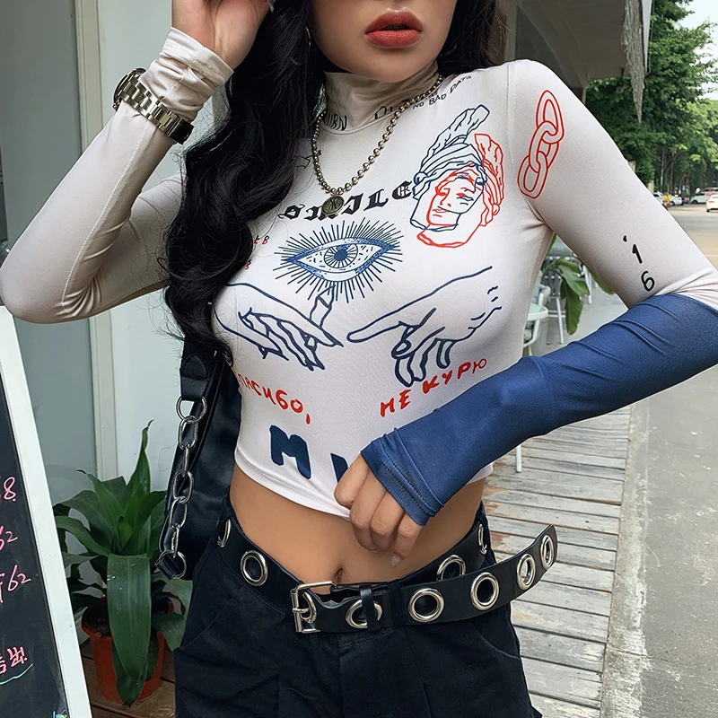 

Spring Autumn Fashion High Street Casual Tight Stretch Slim Crop Tops 90s Aesthetics Vintage Streetwear Korean Style Women's Tee