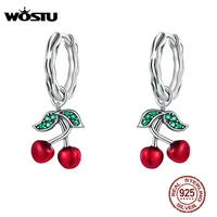 wostu summer new 100 925 sterling silver sweet cherry drop earrings for women red enamel fashion silver earrings jewelry cqe905